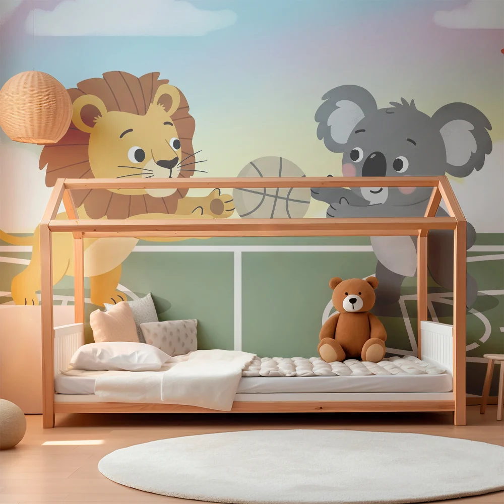 Lastenhuoneen tapetti | Leijona ja koala koripallossa