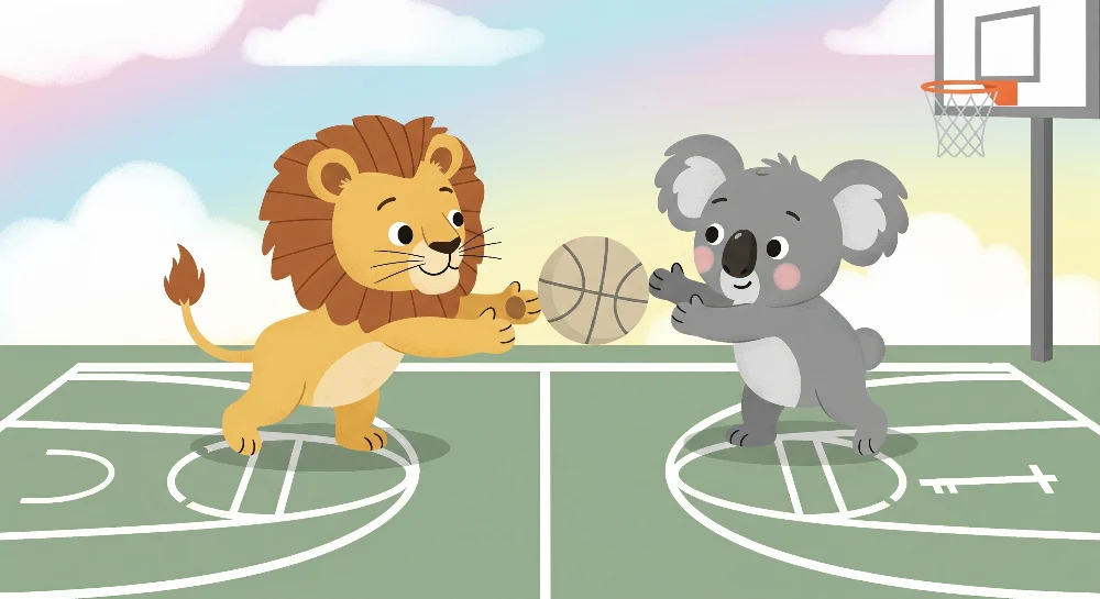 Lastenhuoneen tapetti | Leijona ja koala koripallossa