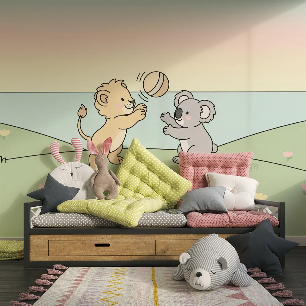 Lastenhuoneen tapetti | Leijona ja koala leikkivät yhdessä