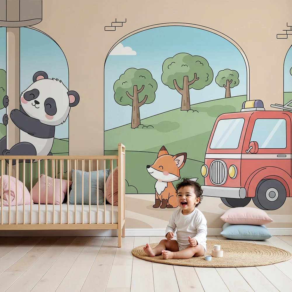Lastenhuoneen tapetti | leikkisä panda ja utelias kettu