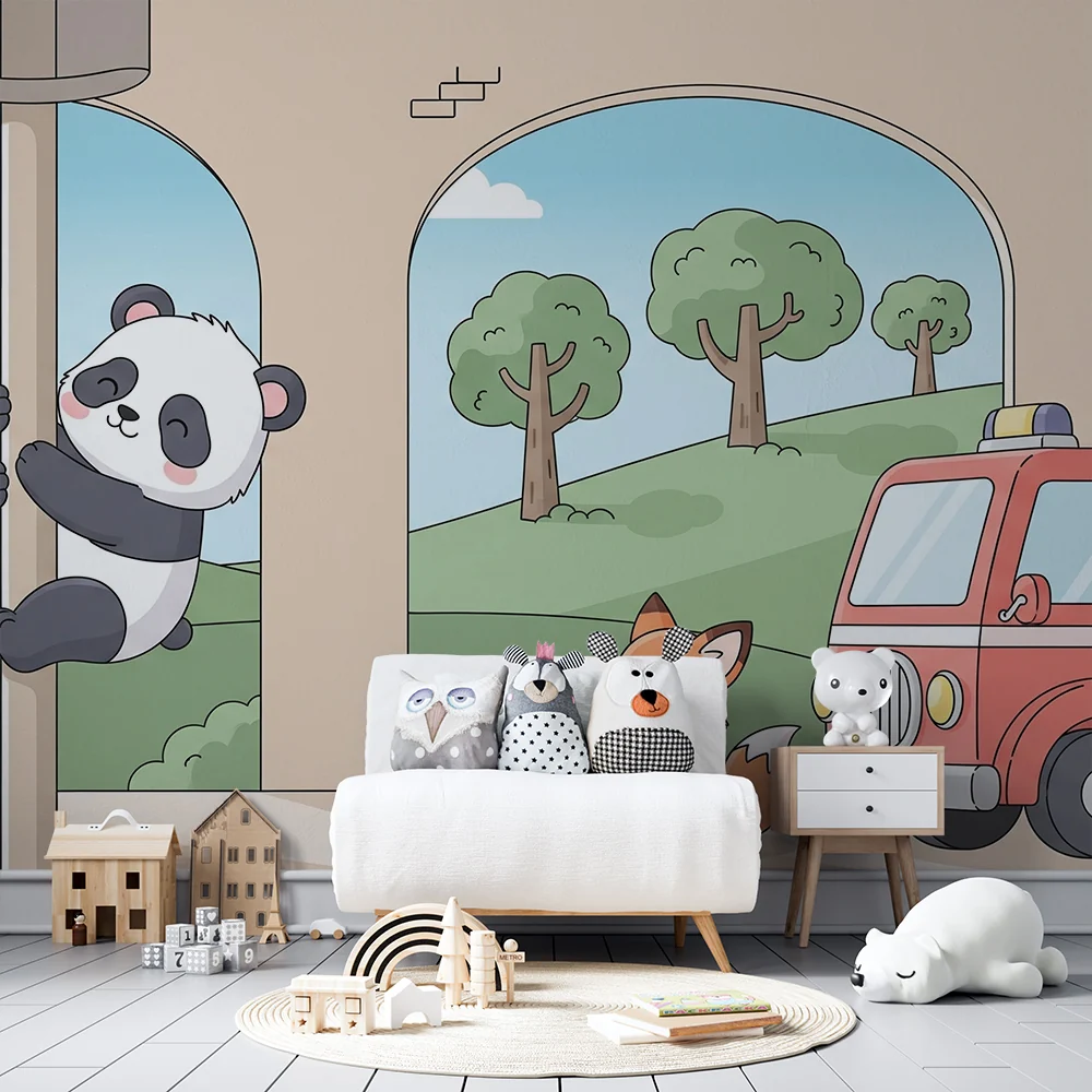 Lastenhuoneen tapetti | leikkisä panda ja utelias kettu