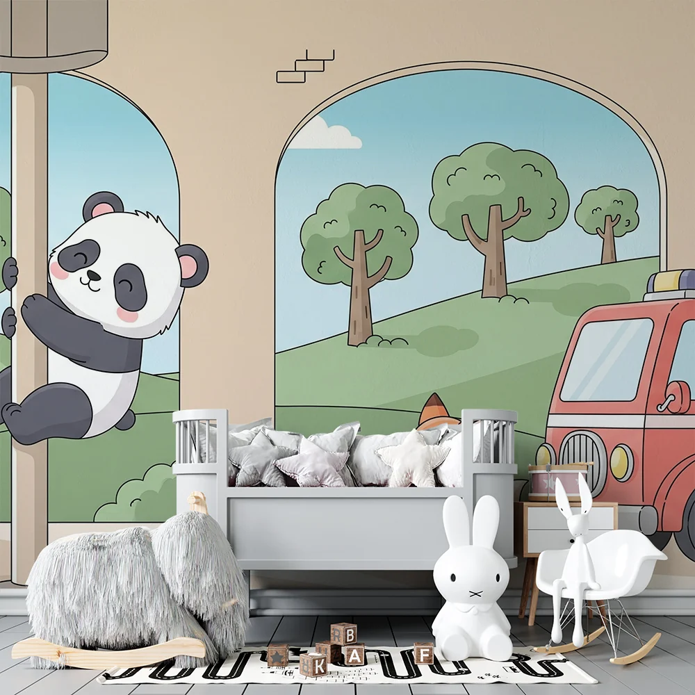 Lastenhuoneen tapetti | leikkisä panda ja utelias kettu