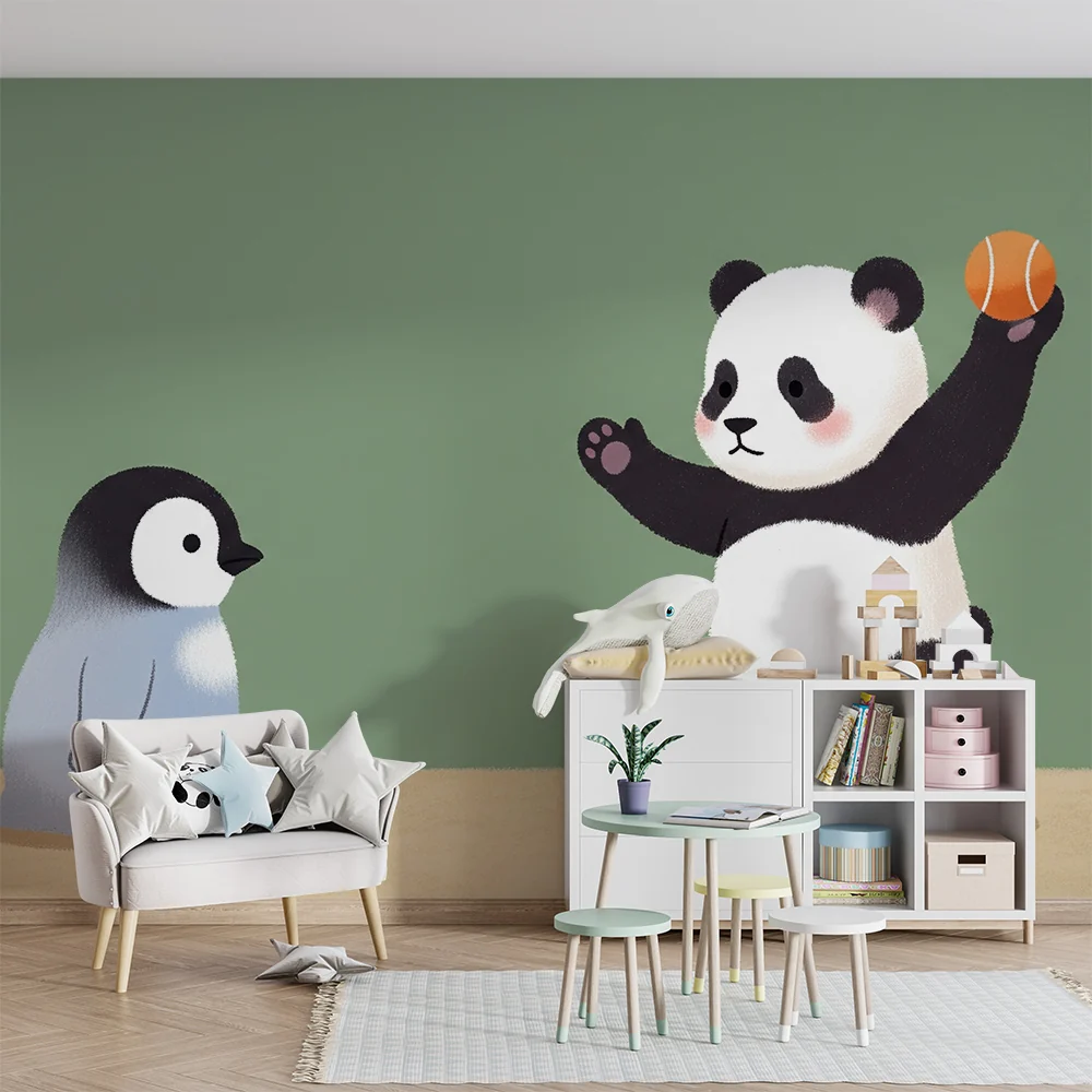 Lastenhuoneen tapetti | Leikkivä panda ja utelias pingviini