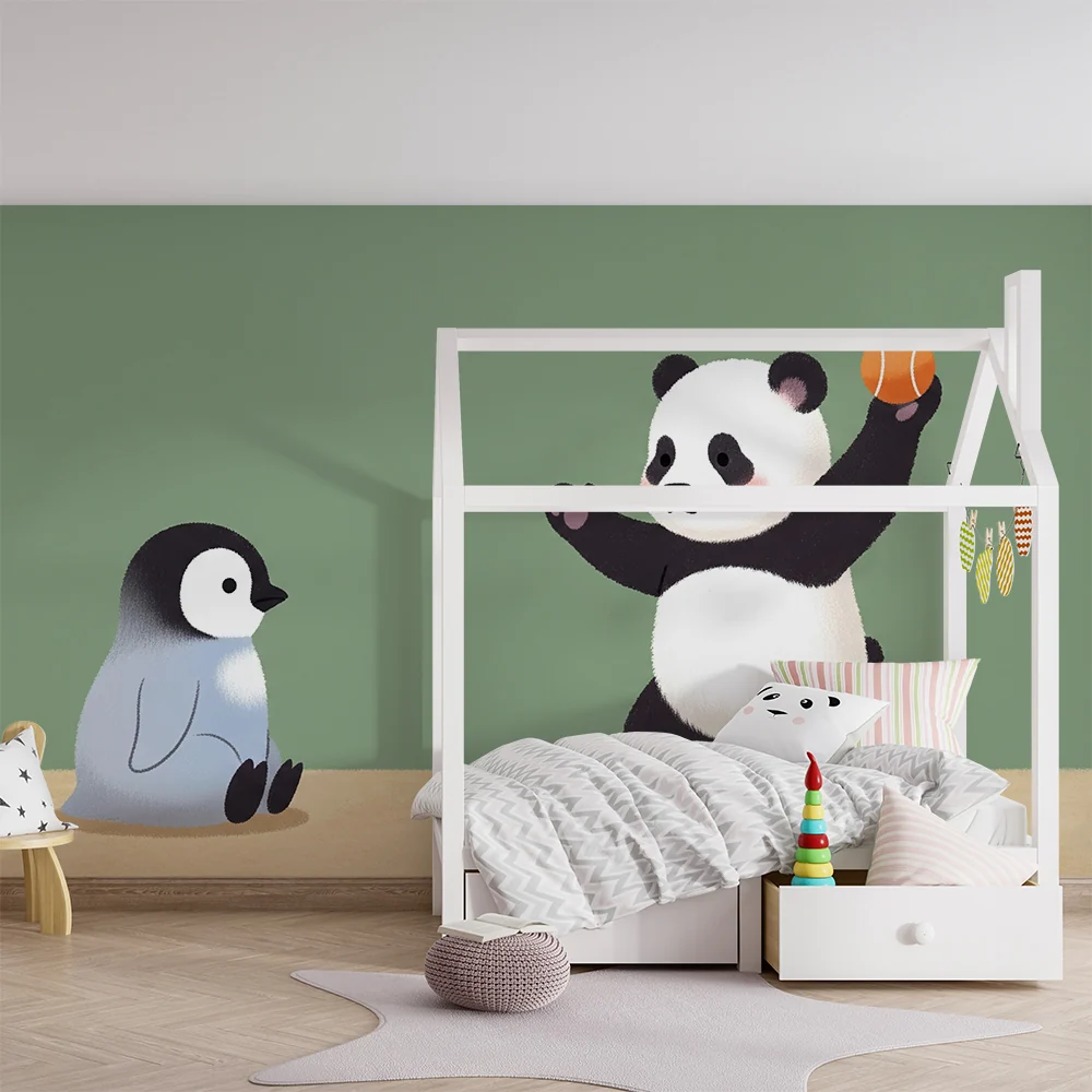 Lastenhuoneen tapetti | Leikkivä panda ja utelias pingviini