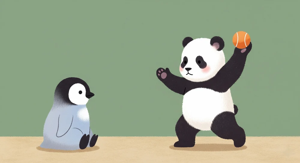 Lastenhuoneen tapetti | Leikkivä panda ja utelias pingviini
