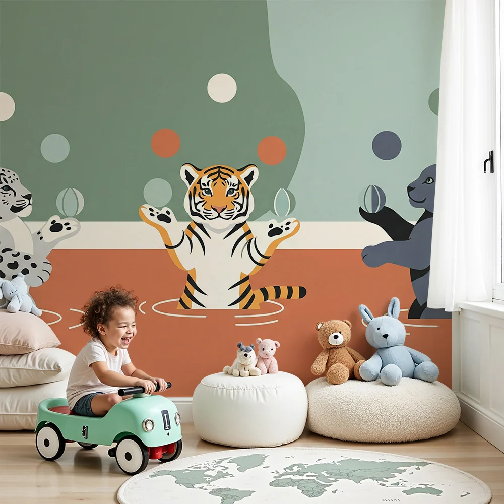 Lastenhuoneen tapetti | leikkivät eläimet vedessä värikkäiden ilmapallojen kanssa