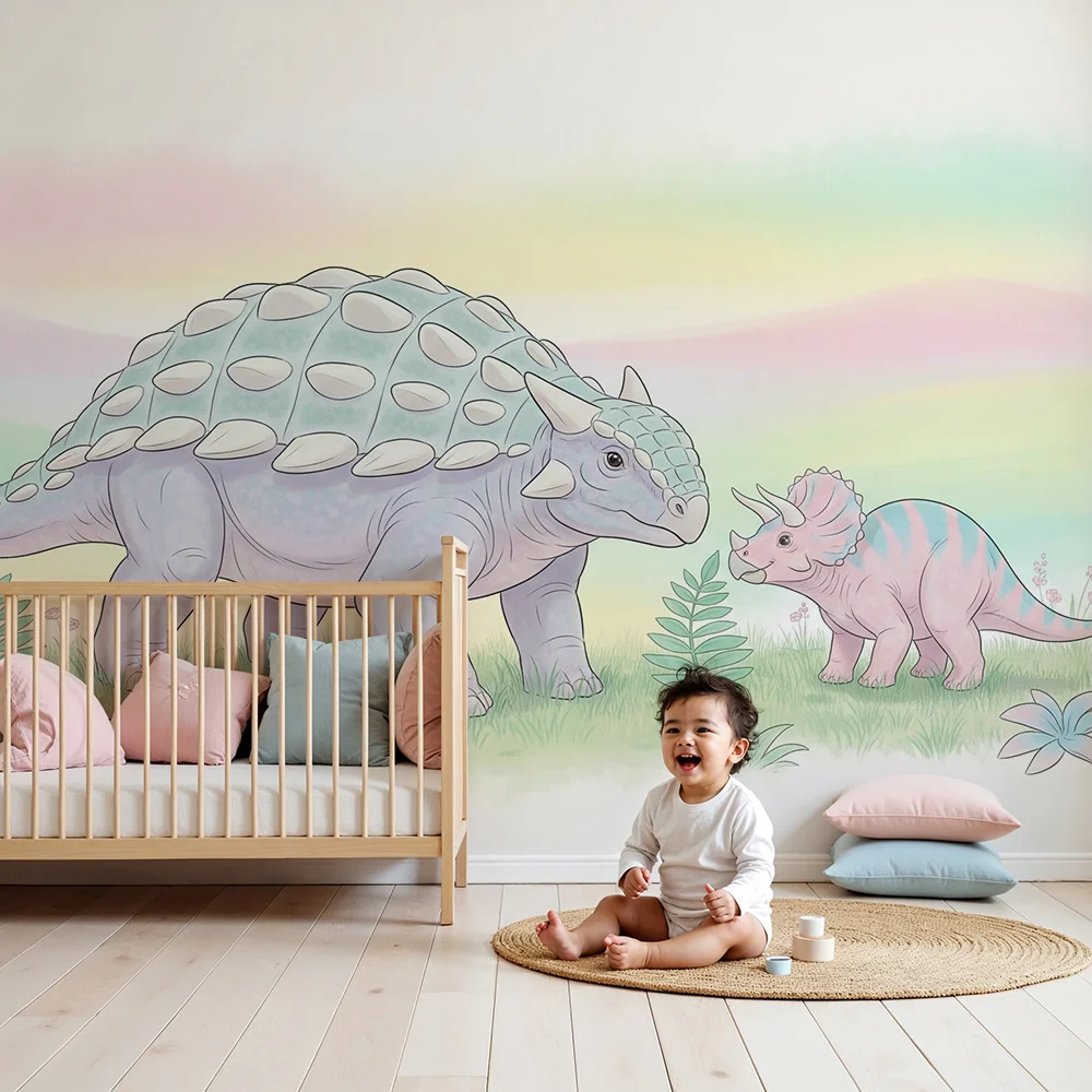 Lastenhuoneen tapetti | Lempeät dinosaurukset pastellimaisemassa