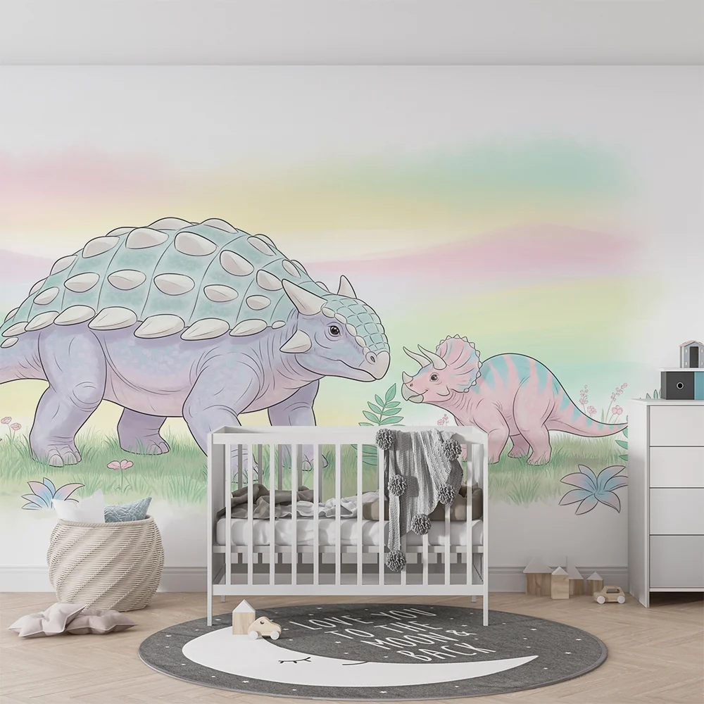 Lastenhuoneen tapetti | Lempeät dinosaurukset pastellimaisemassa