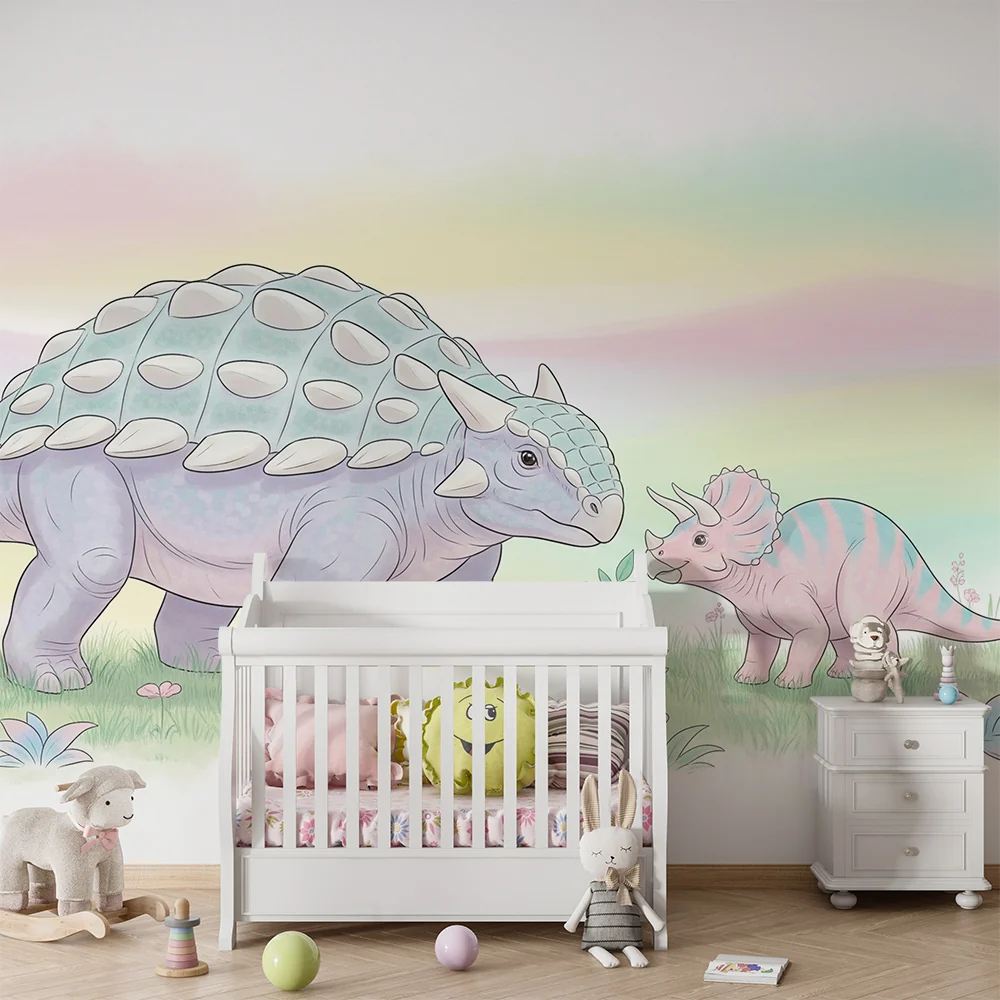 Lastenhuoneen tapetti | Lempeät dinosaurukset pastellimaisemassa
