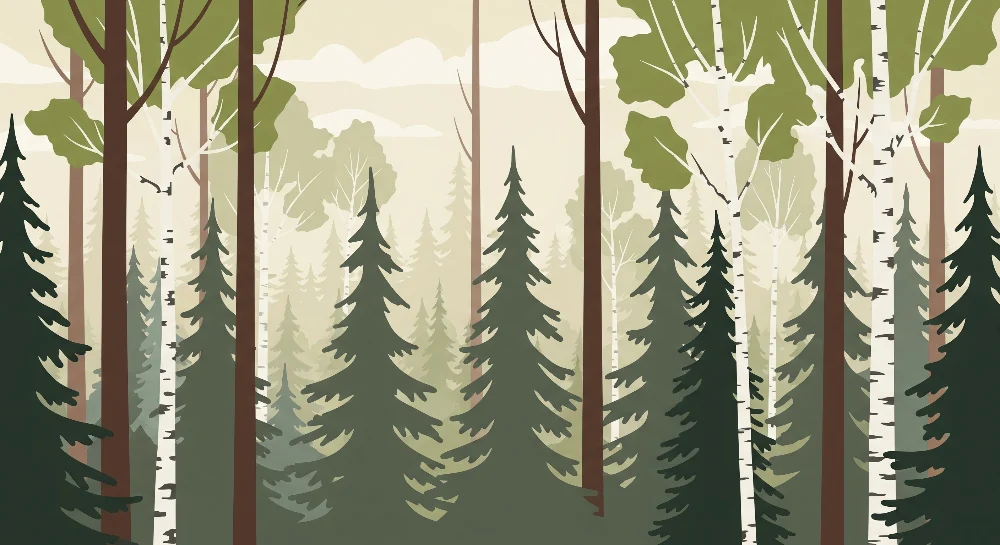 Lastenhuoneen tapetti | Lumottu metsä kuusilla ja koivuilla