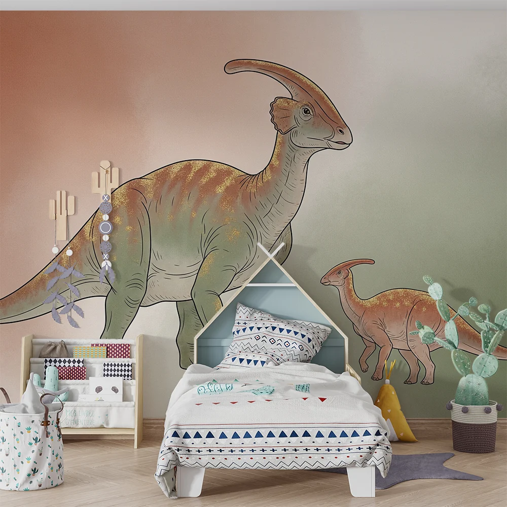 Lastenhuoneen tapetti | Majesteettinen dinosaurus ja sen pieni esihistoriallisessa ympäristössä