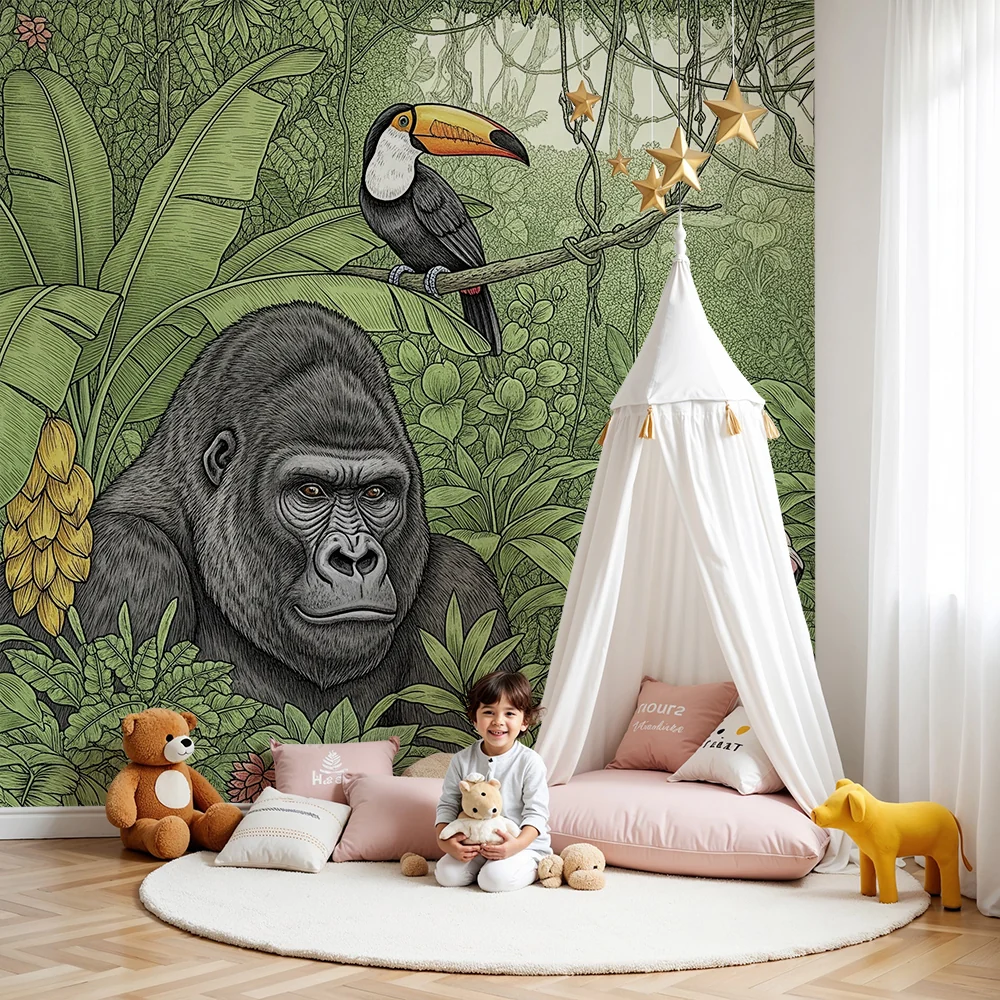 Lastenhuoneen tapetti | Majesteettinen gorilla ja vaaleanpunaiset flamingot rehevässä viidakossa