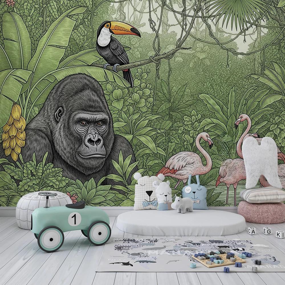 Lastenhuoneen tapetti | Majesteettinen gorilla ja vaaleanpunaiset flamingot rehevässä viidakossa