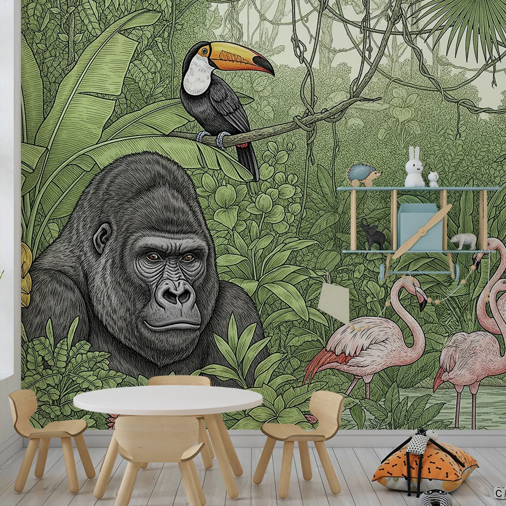 Lastenhuoneen tapetti | Majesteettinen gorilla ja vaaleanpunaiset flamingot rehevässä viidakossa