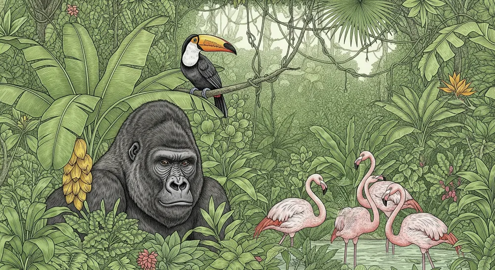 Lastenhuoneen tapetti | Majesteettinen gorilla ja vaaleanpunaiset flamingot rehevässä viidakossa