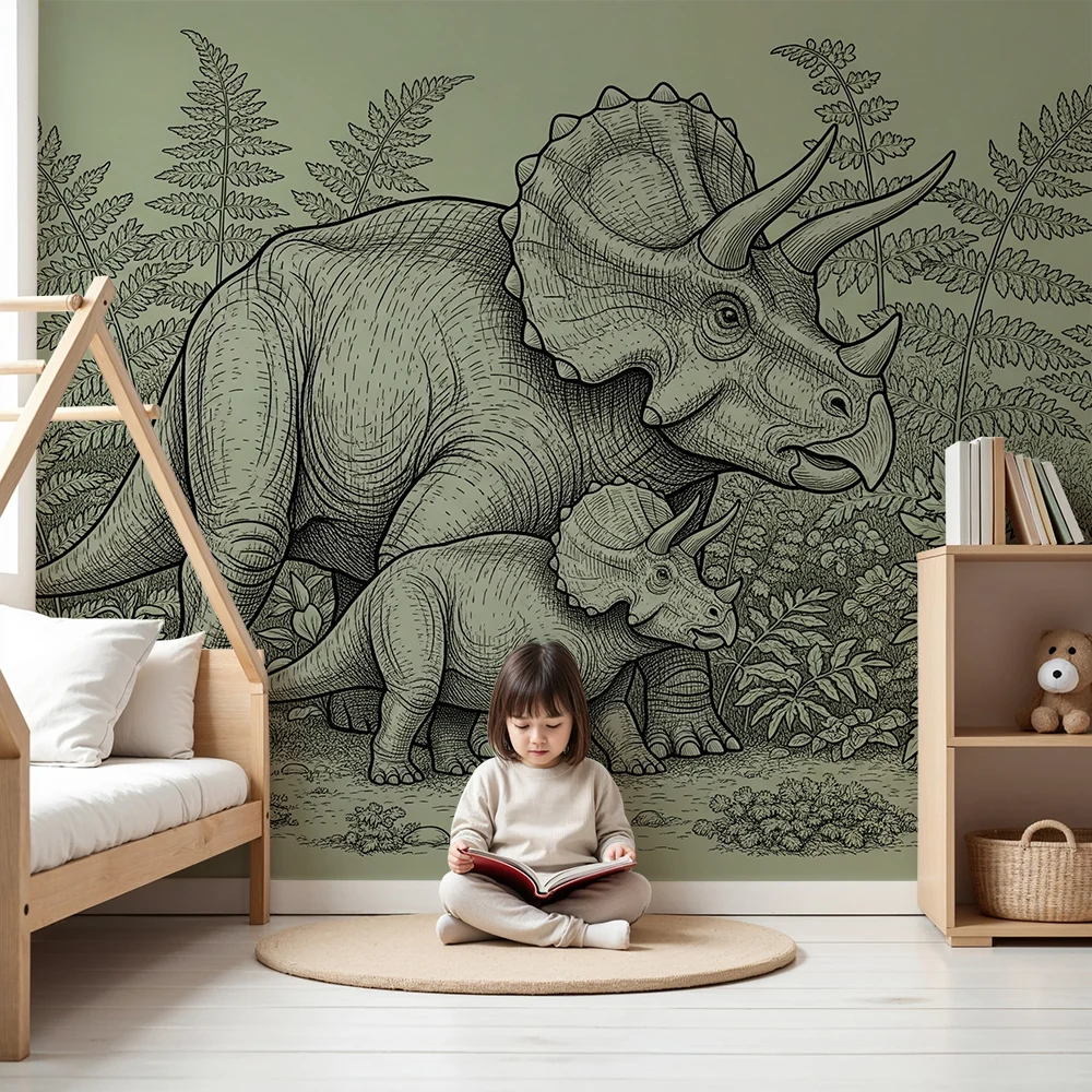 Lastenhuoneen tapetti | Majesteettinen triceratops ja sen pieni viidakon esihistoriallisessa viidakossa
