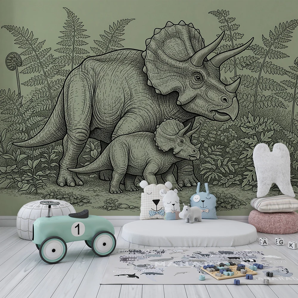 Lastenhuoneen tapetti | Majesteettinen triceratops ja sen pieni viidakon esihistoriallisessa viidakossa