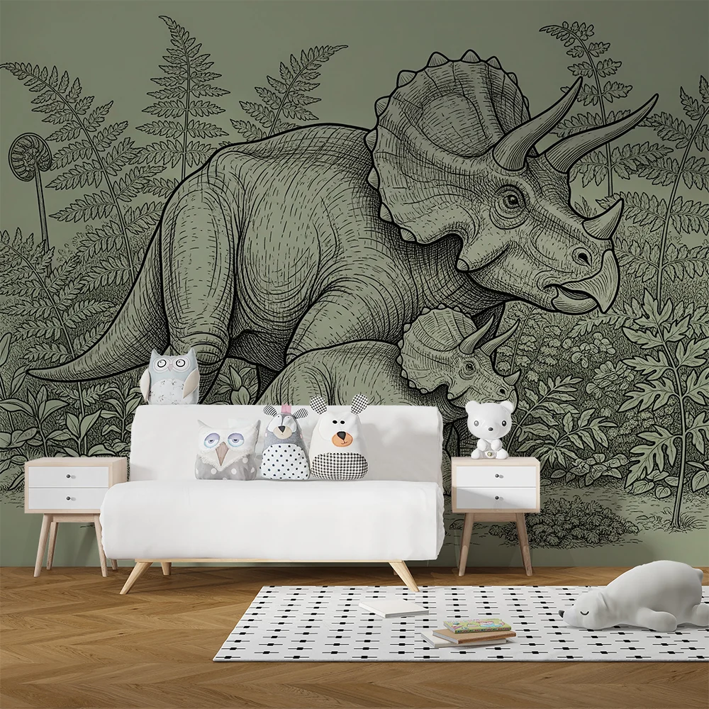 Lastenhuoneen tapetti | Majesteettinen triceratops ja sen pieni viidakon esihistoriallisessa viidakossa