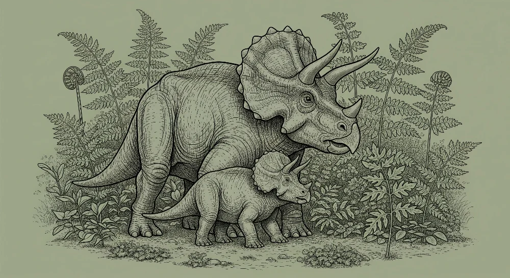 Lastenhuoneen tapetti | Majesteettinen triceratops ja sen pieni viidakon esihistoriallisessa viidakossa
