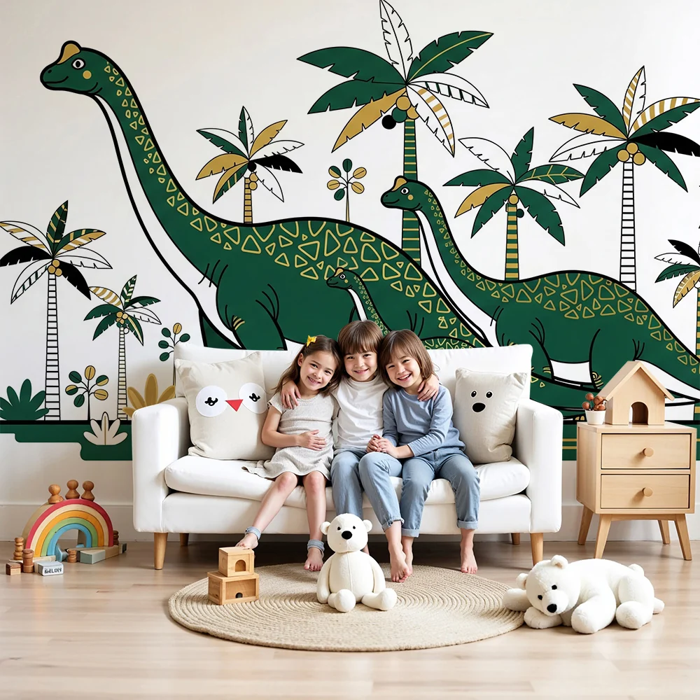 Lastenhuoneen tapetti | Majesteettiset dinosaurukset keskellä eksoottisia palmuja