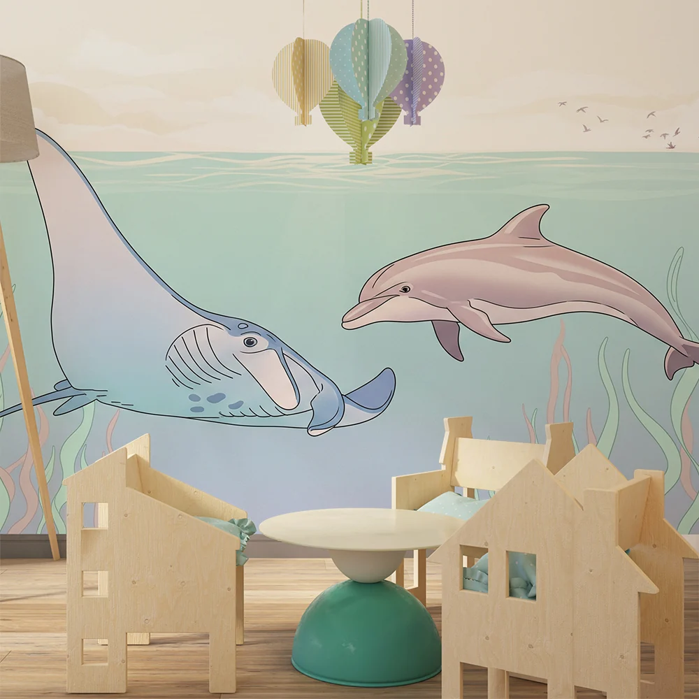Lastenhuoneen tapetti | Manta ray ja delfiini rauhoittavassa vedenalaisessa maailmassa