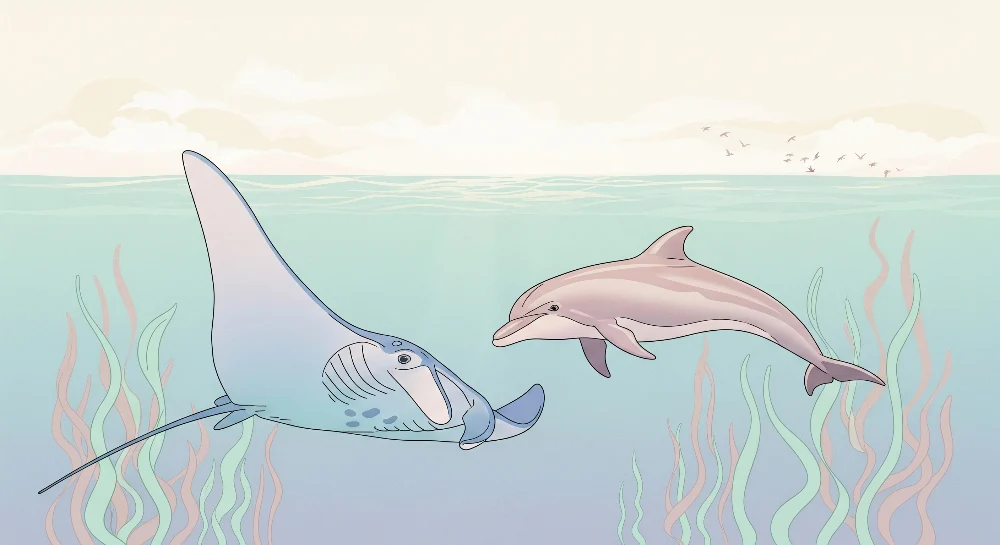 Lastenhuoneen tapetti | Manta ray ja delfiini rauhoittavassa vedenalaisessa maailmassa
