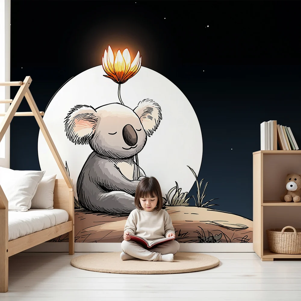 Lastenhuoneen tapetti | Meditoiva koala kuun alla kirkkaan kukkasen kanssa
