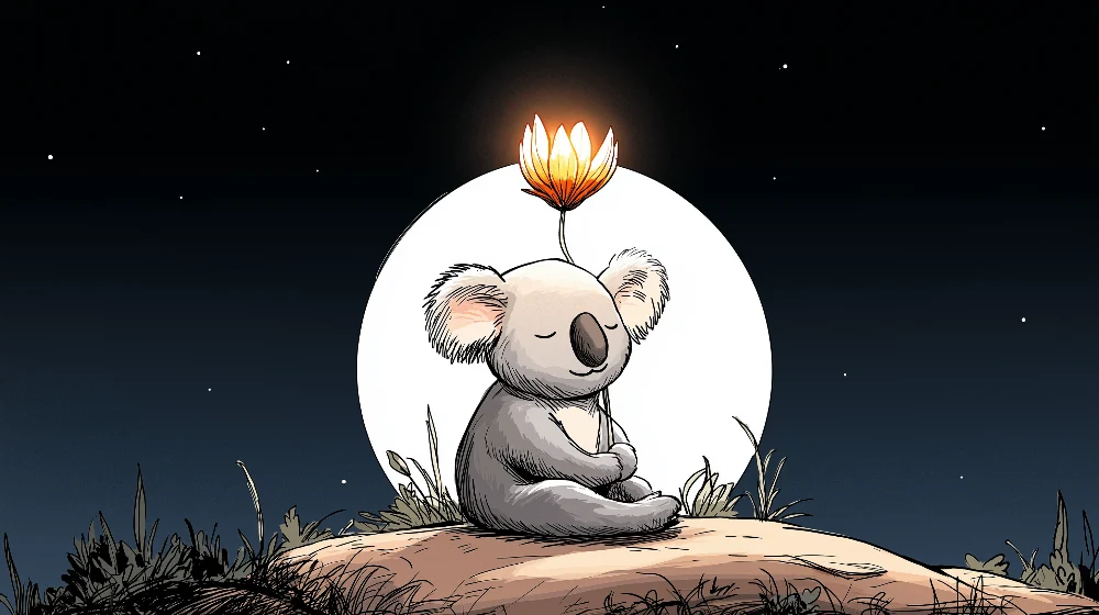 Lastenhuoneen tapetti | Meditoiva koala kuun alla kirkkaan kukkasen kanssa