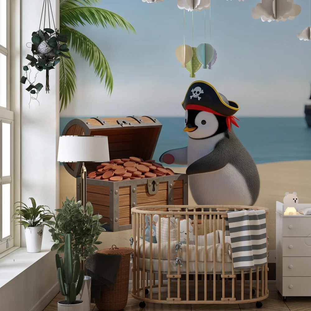 Lastenhuoneen tapetti | Merirosvo pingviini aurinkoisella rannalla