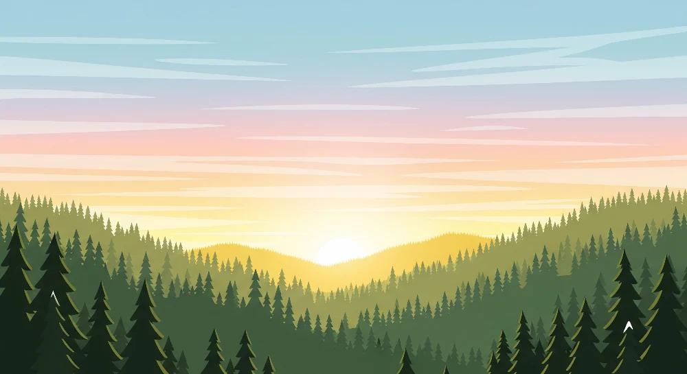 Lastenhuoneen tapetti | Metsämaisema auringonnousun aikaan pastellisävyillä