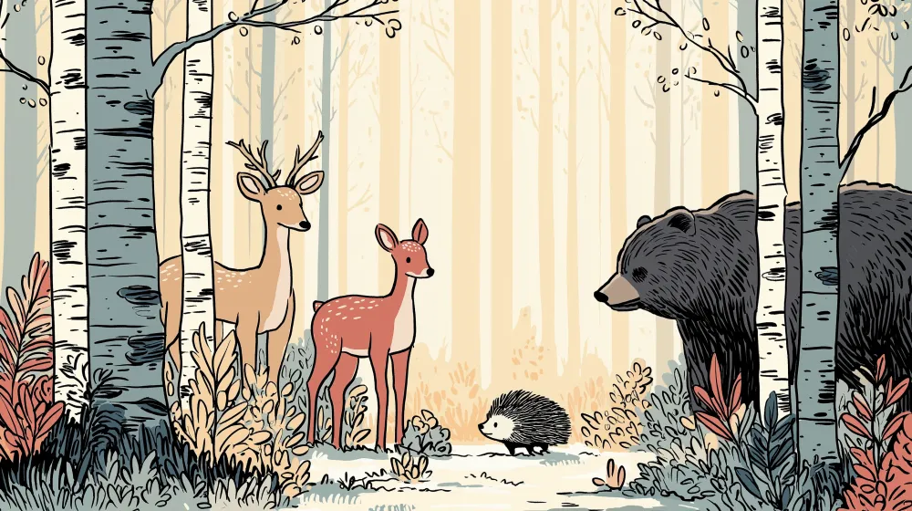 Lastenhuoneen tapetti | Metsän eläimiä peuralla, karhulla ja siilillä