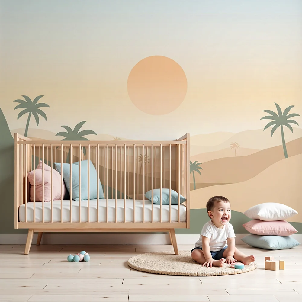 Lastenhuoneen tapetti | Minimalistinen aavikkomaisema palmuilla ja auringonlaskulla