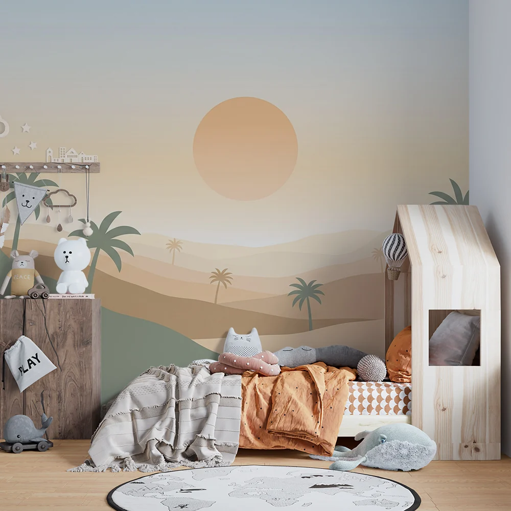 Lastenhuoneen tapetti | Minimalistinen aavikkomaisema palmuilla ja auringonlaskulla