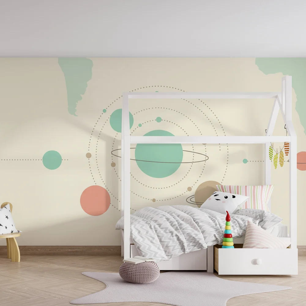 Lastenhuoneen tapetti | Minimalistinen maailmankaikkeus ja värikkäät planeetat