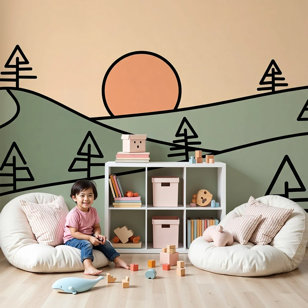 Lastenhuoneen tapetti | Minimalistinen maisema kukkuloilla ja auringonlasku