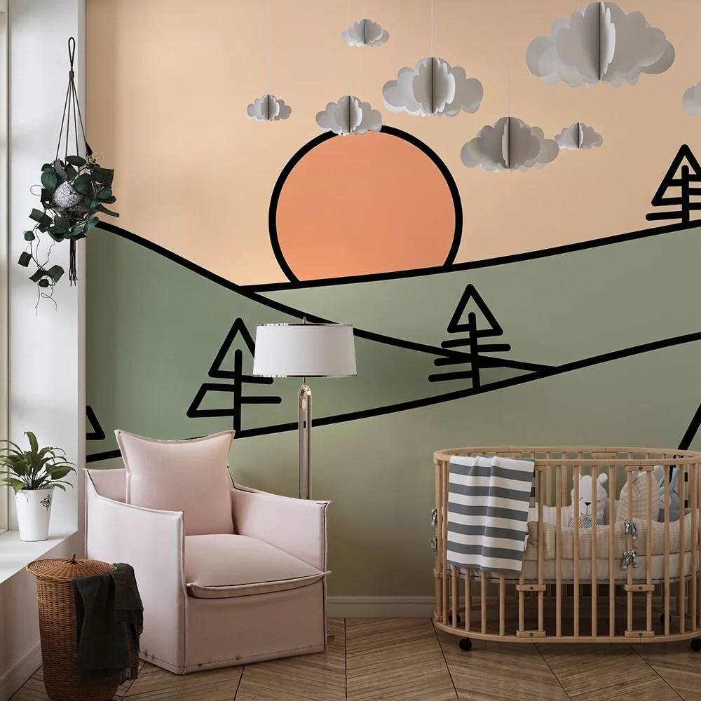 Lastenhuoneen tapetti | Minimalistinen maisema kukkuloilla ja auringonlasku