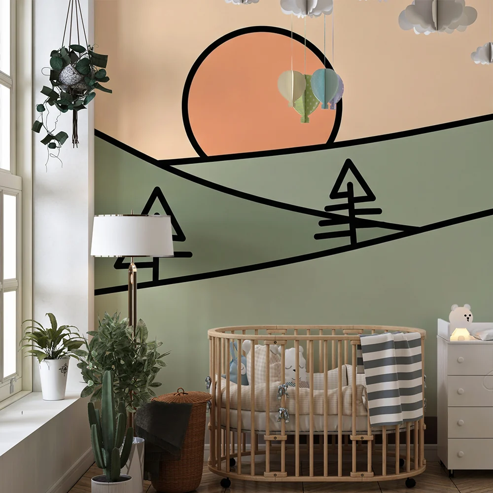 Lastenhuoneen tapetti | Minimalistinen maisema kukkuloilla ja auringonlasku