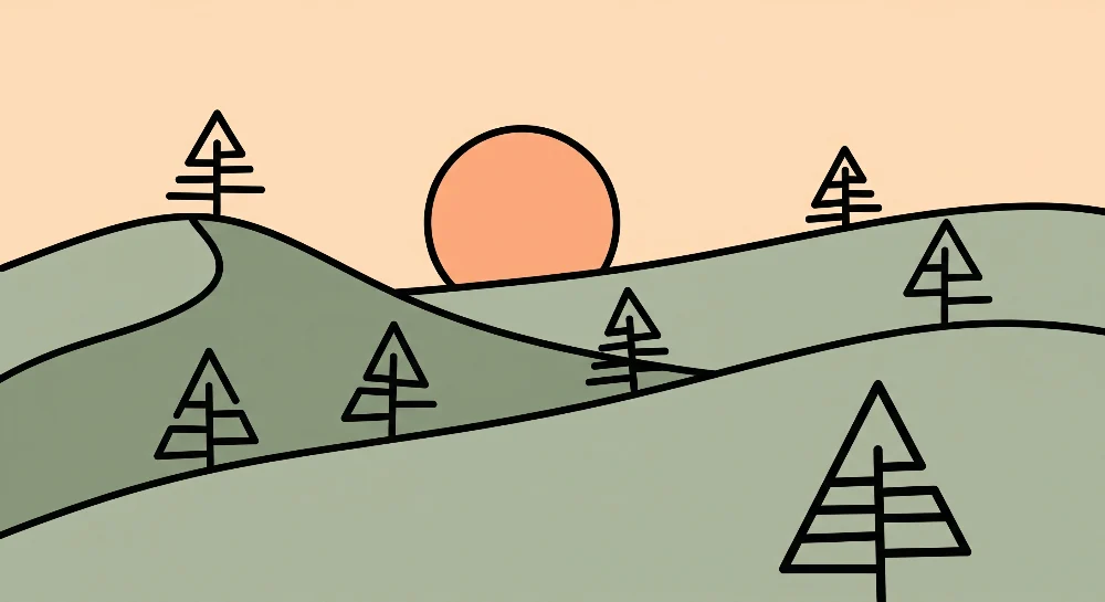 Lastenhuoneen tapetti | Minimalistinen maisema kukkuloilla ja auringonlasku