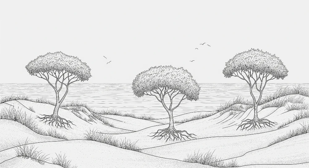 Lastenhuoneen tapetti | Minimalistinen maisema puineen ja merellä