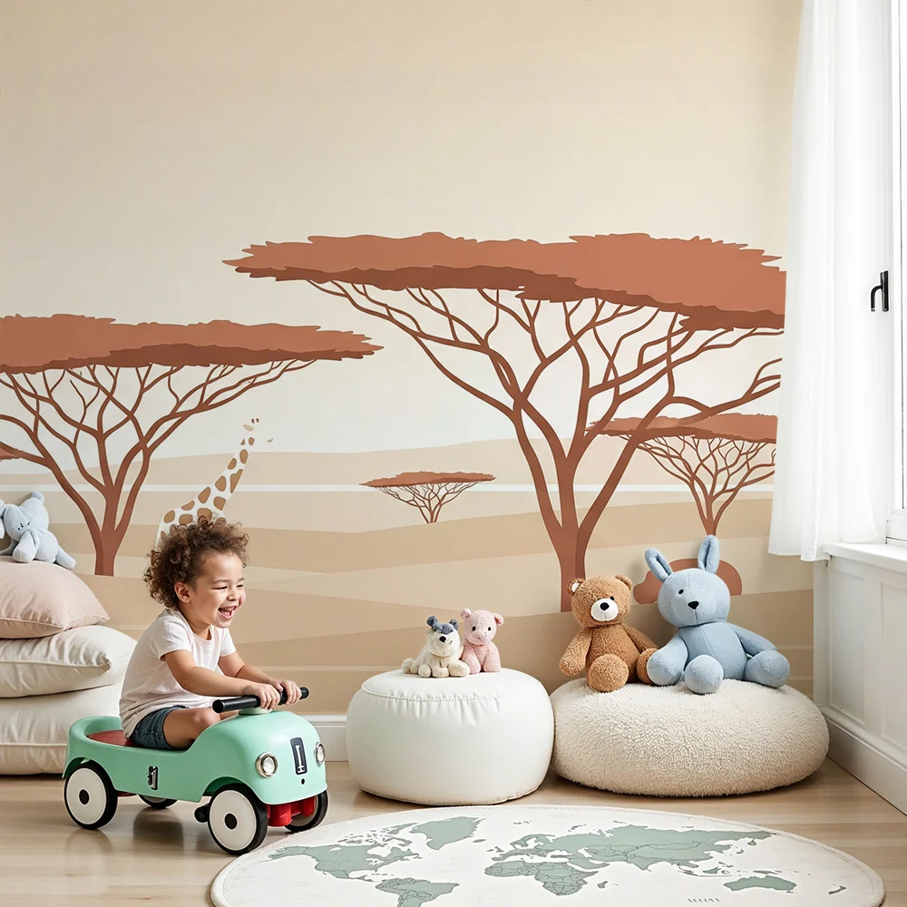 Lastenhuoneen tapetti | Minimalistinen safari kirahvi, elefantti ja virtahepo