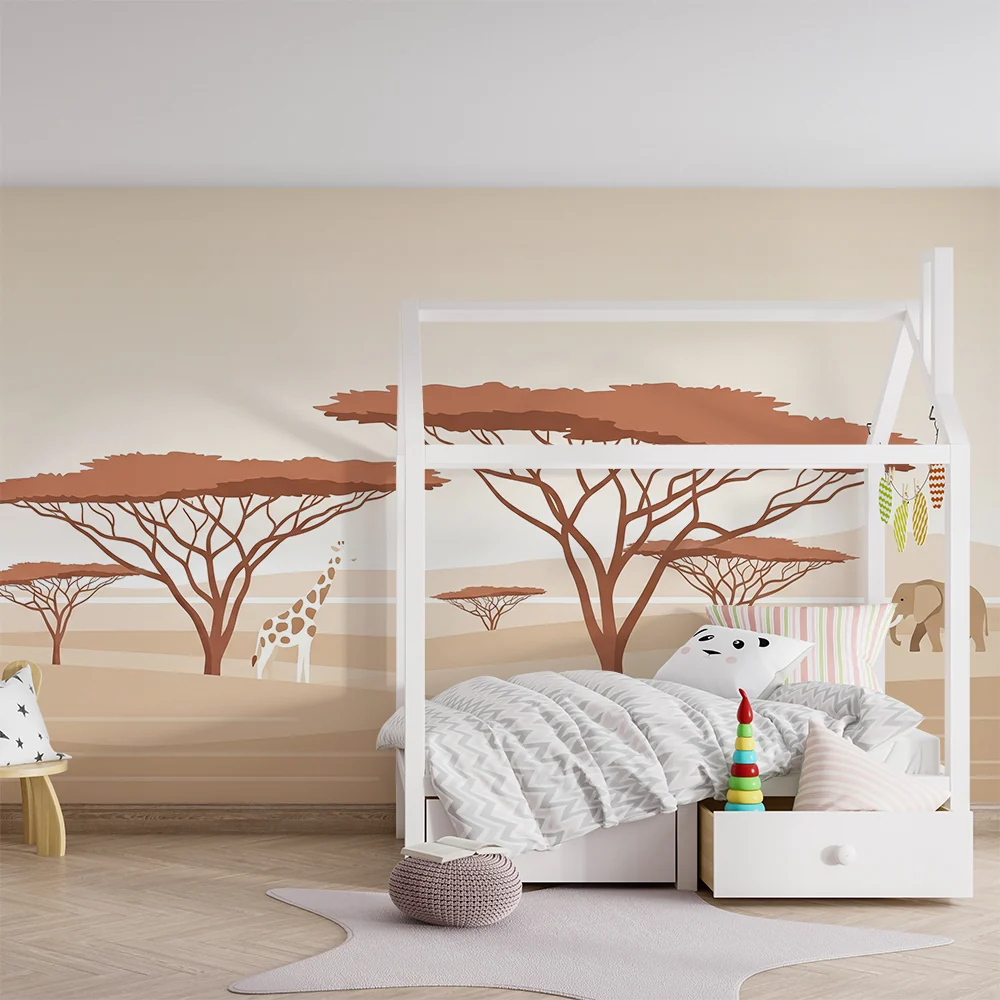 Lastenhuoneen tapetti | Minimalistinen safari kirahvi, elefantti ja virtahepo