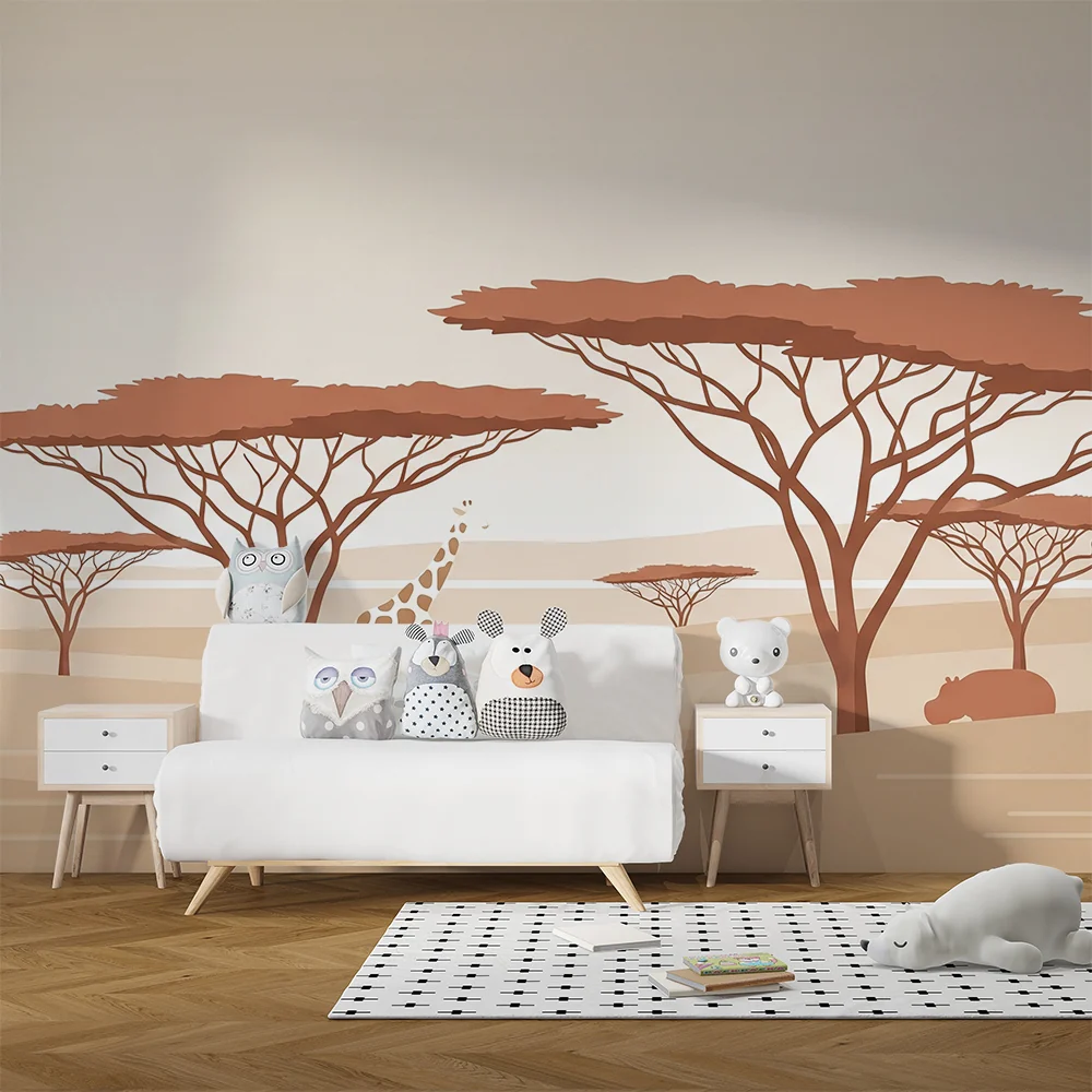 Lastenhuoneen tapetti | Minimalistinen safari kirahvi, elefantti ja virtahepo