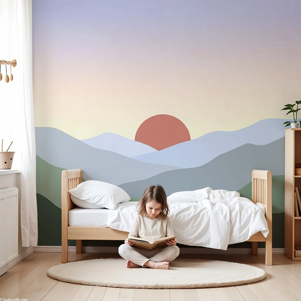 Lastenhuoneen tapetti | Minimalistinen vuoristomaisema auringonlaskulla