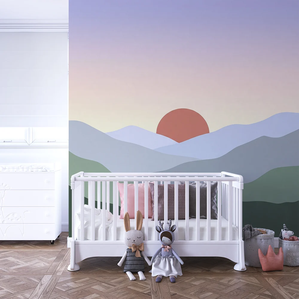 Lastenhuoneen tapetti | Minimalistinen vuoristomaisema auringonlaskulla