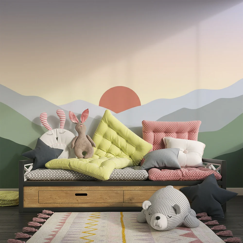 Lastenhuoneen tapetti | Minimalistinen vuoristomaisema auringonlaskulla