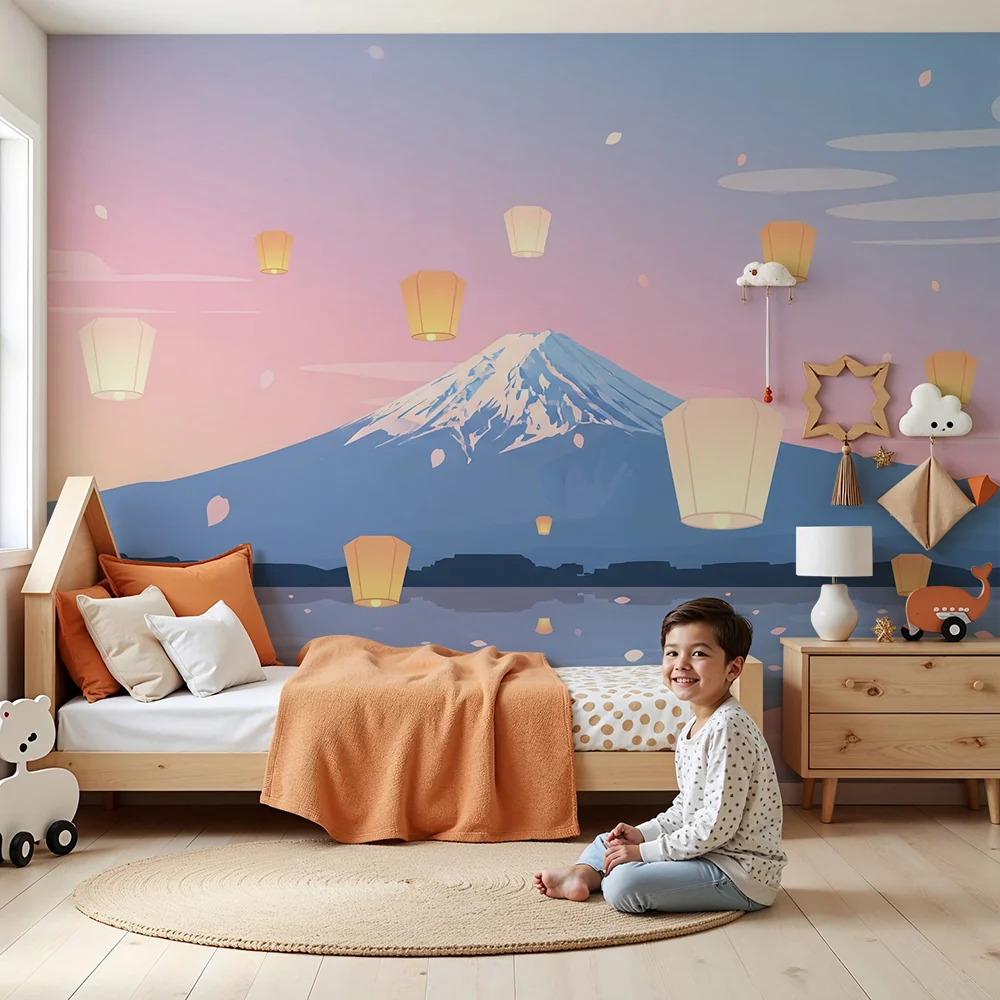 Lastenhuoneen tapetti | Mont Fuji ja kelluvat lyhdyt auringonlaskussa