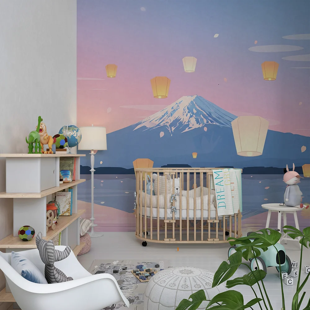 Lastenhuoneen tapetti | Mont Fuji ja kelluvat lyhdyt auringonlaskussa