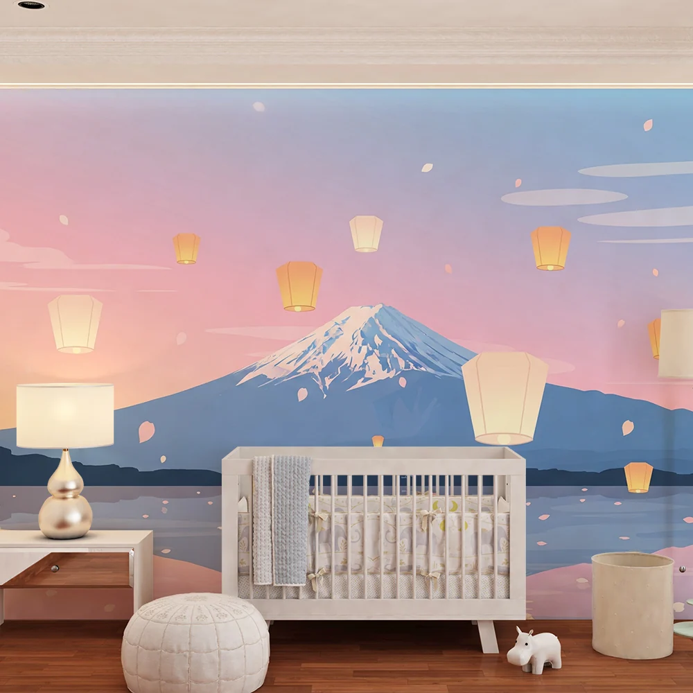 Lastenhuoneen tapetti | Mont Fuji ja kelluvat lyhdyt auringonlaskussa
