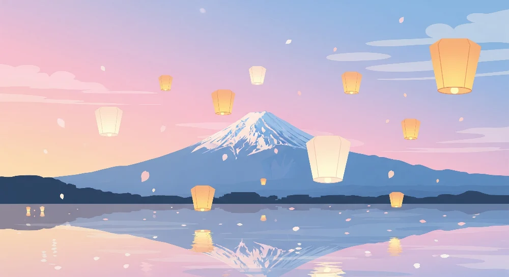 Lastenhuoneen tapetti | Mont Fuji ja kelluvat lyhdyt auringonlaskussa