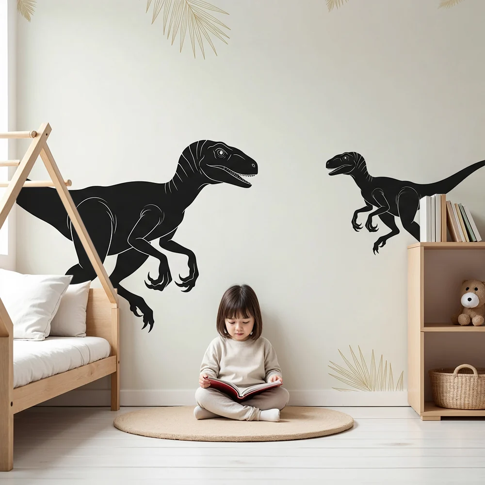 Lastenhuoneen tapetti | Musta dinosaurus vaalealla pohjalla trooppisten lehtien kanssa